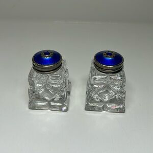 Hroar Prydz Norway Guilloche Enamel 925 Sterling Crystal Salt Pepper Shaker Set